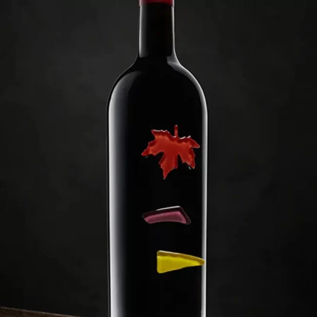 Botella de vino con diseño artístico en fondo oscuro